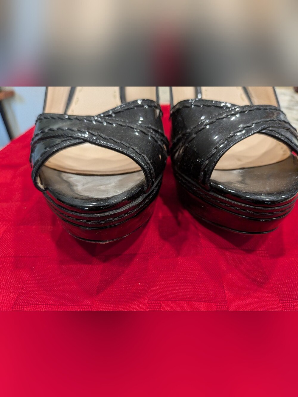 Prada Black patent leather whipstitch trim slingback platform sandals - Picture 3 of 6